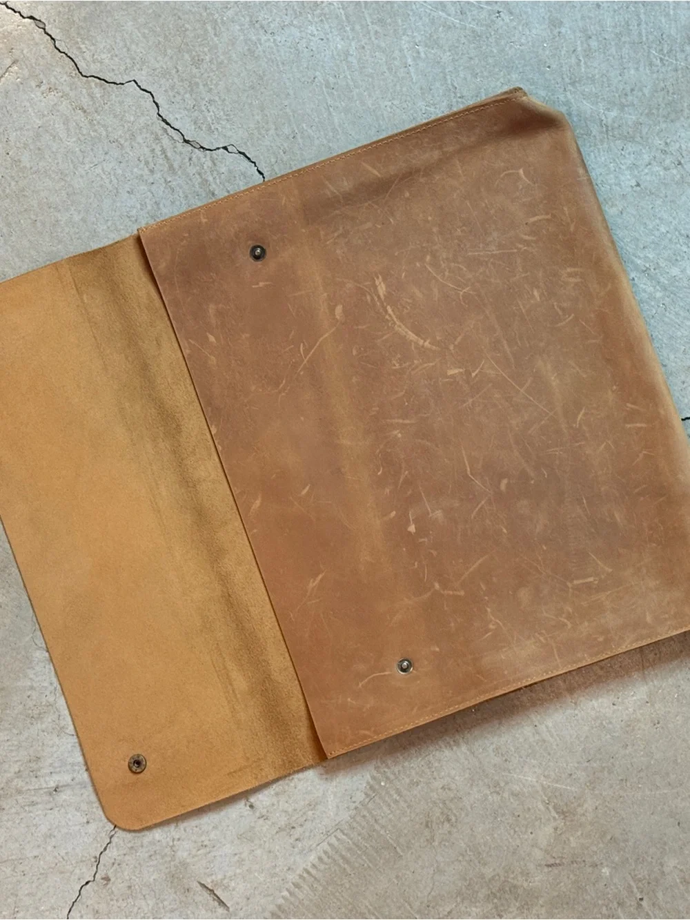 Waxed Brown Leather Laptop Sleeve with Snap Closure